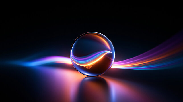 Futuristic Glass Sphere with Glowing Light Trails and Reflection