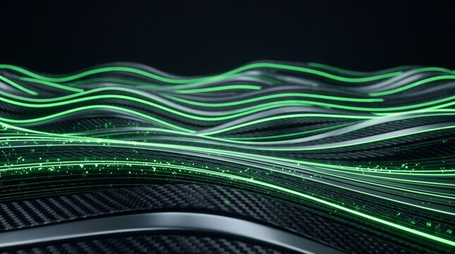 Abstract Glowing Green Digital Network Lines on Carbon Fiber Background