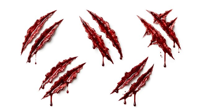 Set of realistic bloody claw marks and deep lacerations isolated on white background