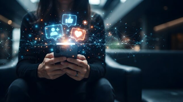 Person holding smartphone with holographic social media icons glowing in hands