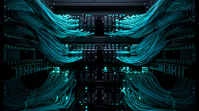 Server Rack Network Cables Connected in Data Center