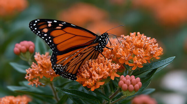 detailed macro shot of monarch butterfly on flower cluster representing nature wildlife insect pollination and garden beauty concept