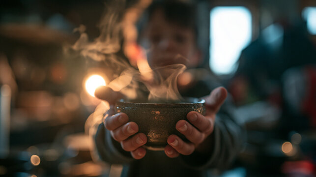 Child Holding a Bowl of Hot Steaming Soup
