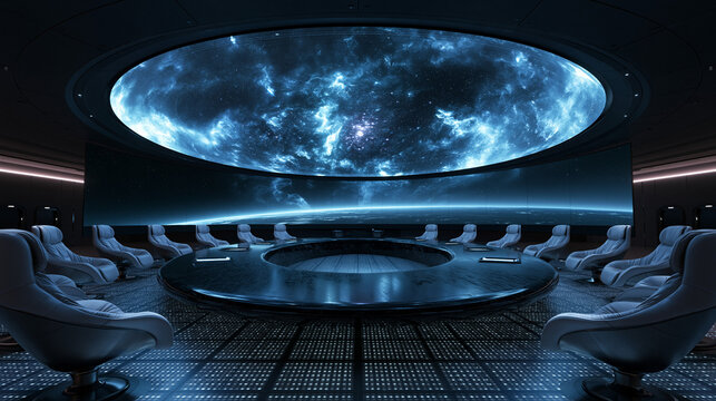 Futuristic Conference Room with View of Outer Space