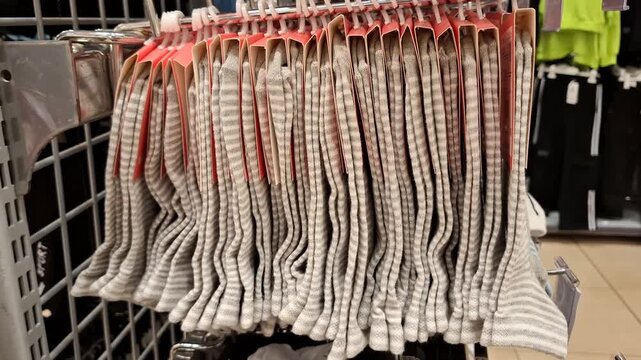 Striped grey socks hanging on a hanger rack inside a clothing store. retail shop display, apparel assortment, everyday garments.