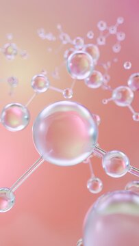 Transparent pdrn molecules on a soft pink background, purified salmon dna polynucleotides, skin booster biotechnology, facial rejuvenation research, anti-aging treatment, cellular repair