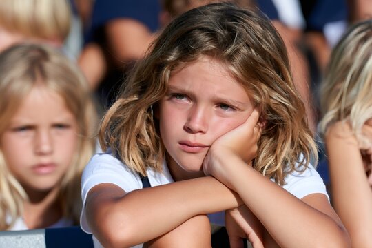 Child girl feeling bored and waiting, watching event