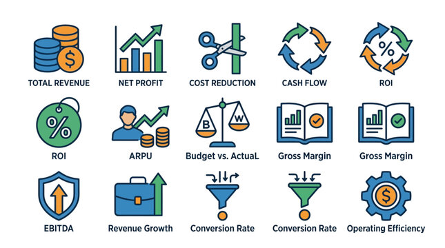 Business Performance and Financial Metrics Infographic Icons Set