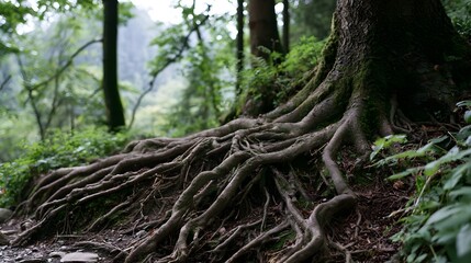 Obraz premium A massive tree s exposed roots spread across forest floor surrounded by moss and green foliage under soft natural light