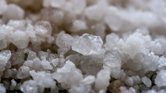 Close up of coarse white salt crystals showing textured mineral surfaces and natural crystalline structure under soft lighting
