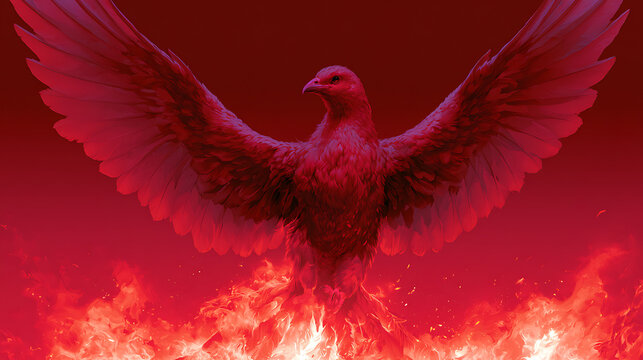 glowing fire phoenix bird with spread wings on dark background representing mythical creature fantasy digital art and magical illustration concept