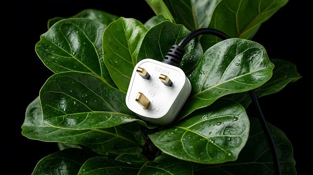 Electrical power plug resting on lush green wet leaves representing nature