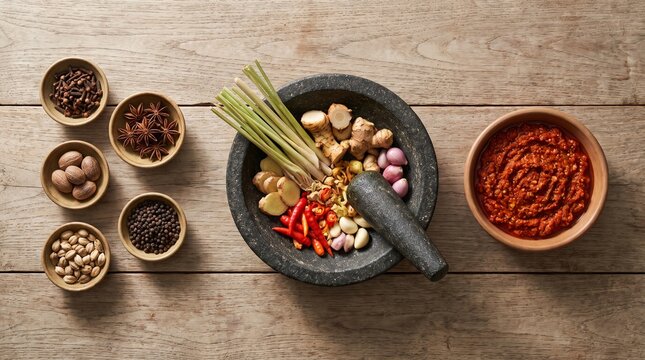 Whole Indonesian spices shown through a traditional grinding process into coarse bumbu. Designed for cookbooks, food education, recipe websites, restaurant marketing, and advertising.