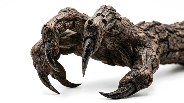Closeup of a menacing wooden monster claw isolated on white background