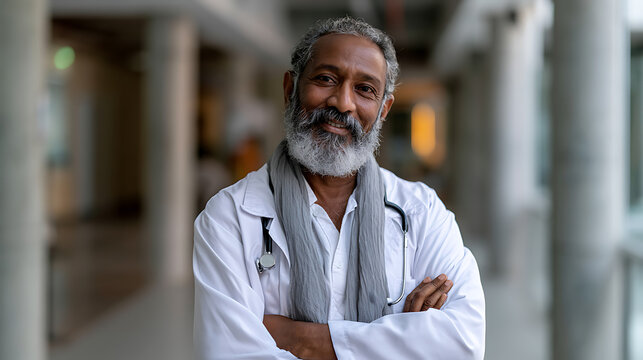 portrait of mature gray bearded man in medical hallway representing healthcare doctor professional hospital worker and senior medical portrait