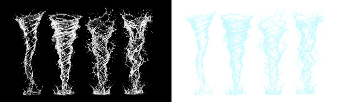 Set of water tornadoes or whirlpools isolated on transparent background