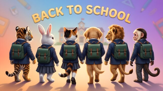 Back to School Colorful Animal Classmates Wearing Uniforms and Backpacks with Back to School Lettering Arranged in a half-circle above them on a Colorful Gradient Background.
