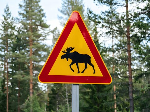 Warning road sign with moose crossing in dense forest during daytime for traffic safety awareness