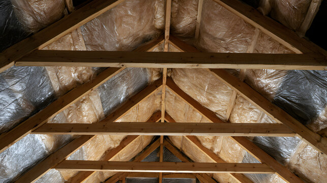 Insulation in the attic with visible wooden beams for home renovation, enhancing energy efficiency, and remodeling projects background