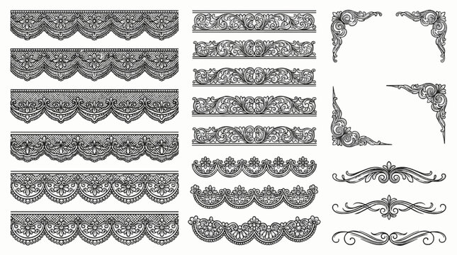 Black line art collection of lace borders, floral filigree trim, decorative dividers, and vintage corner frames isolated on white background.