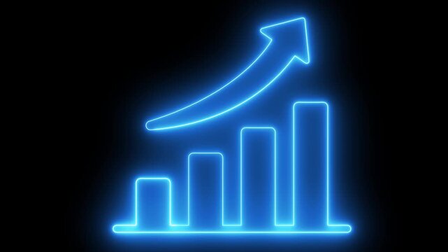 Bar chart glowing with bright blue neon light signifies data growth.