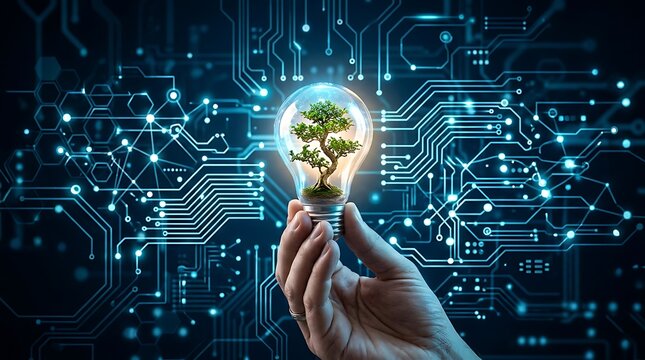Human hand holding a glowing light bulb containing a small tree digital concept