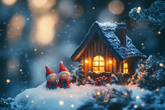 Christmas elves standing by snowy cottage at night
