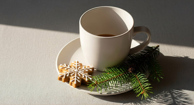 Cozy winter morning scene with a white cup, snowflake gingerbread cookie, and evergreen sprigs on a saucer, bathed in natural light, evoking a peaceful holiday atmosphere