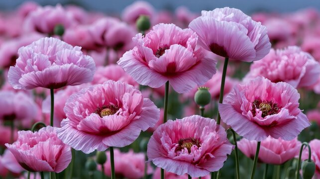 Pink poppy flowers blooming in a vibrant summer field