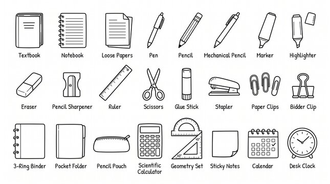 Hand-drawn school supplies icon set, 24 black and white stationery doodles, minimalist office equipment illustrations for education
