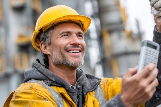 Confident construction worker operating remote control smiling