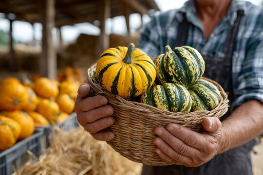 Farmer harvesting fresh organic squashes and gourds in basket