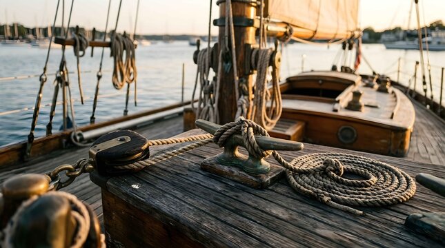 Cleat and rope on the teak deck of a classic wooden sailboat at sunset