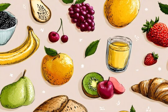 Fresh fruit and breakfast food seamless pattern