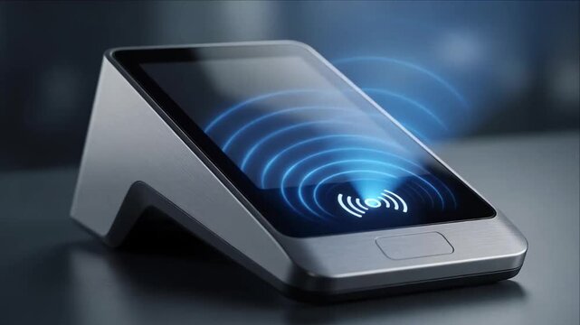 Contactless Payment Mobile Terminal Wireless NFC Technology for Secure Transaction, Touchscreen Point of Sale Card Reader, Digital Wallet Checkout, Modern Retail Cashless Counter with Blue Signal