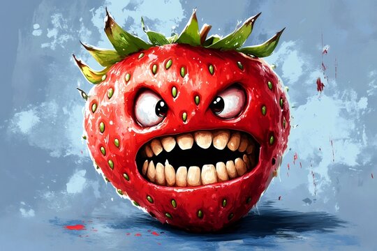 Angry strawberry monster showing sharp teeth illustration