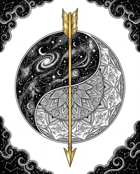 Intricate illustration of a cosmic Yin-Yang symbol with a galaxy and floral mandala pierced by a golden arrow