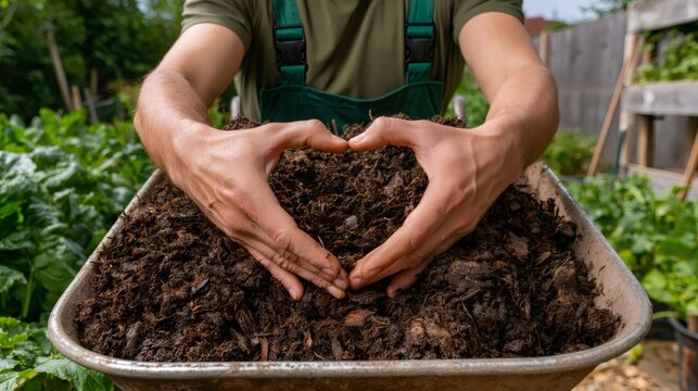Gardener forming heart shape with hands over compost