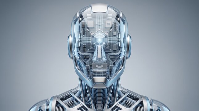 3D render of futuristic artificial intelligence robot face with transparent tech elements