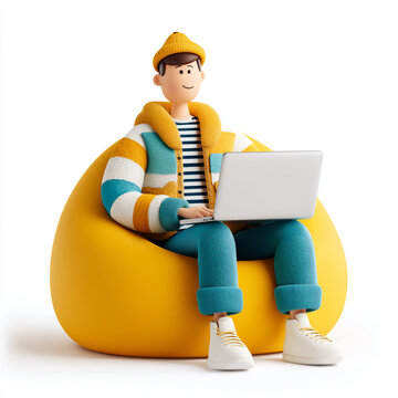 A cheerful 3D cartoon young man sitting comfortably on a beanbag chair while holding a laptop, isolated on a plain white background.