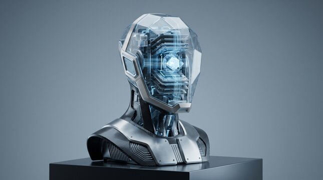 Futuristic humanoid robot head inside transparent glass casing representing artificial intelligence