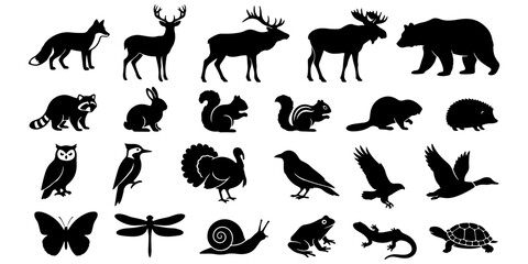 Obraz premium Black and white forest animals vector icons set