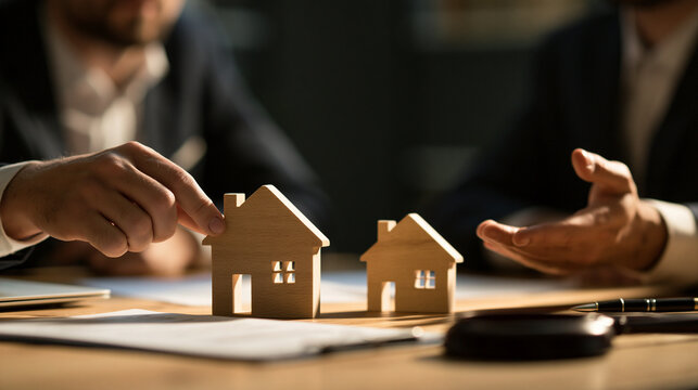 Lawyer hands placing two separate property documents on desk, divorce settlement concept, dark office background
