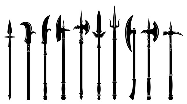Diverse medieval polearm silhouettes featuring various sharp blades and lethal spearheads on long wooden staffs