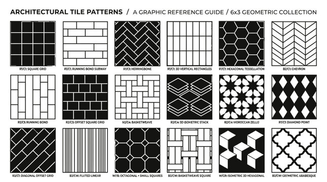 Architectural tile patterns showcasing diverse geometric shapes and modern mosaic layouts for professional interior design projects