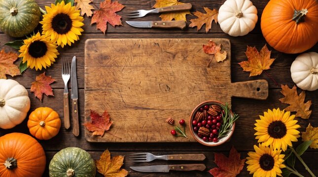 Top view of a rustic wooden cutting board surrounded by pumpkins sunflowers and autumn leaves for thanksgiving holiday celebration