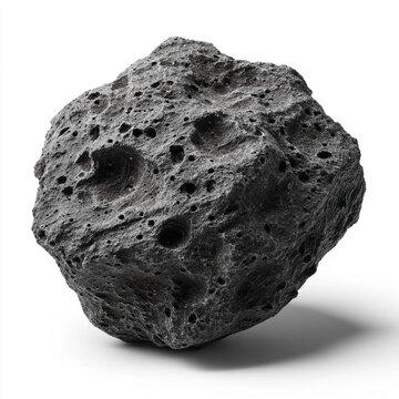 A detailed 3D asteroid rock isolated on a clean white background, showcasing a textured, cratered surface perfect for space, science, astronomy, and geology concepts.
