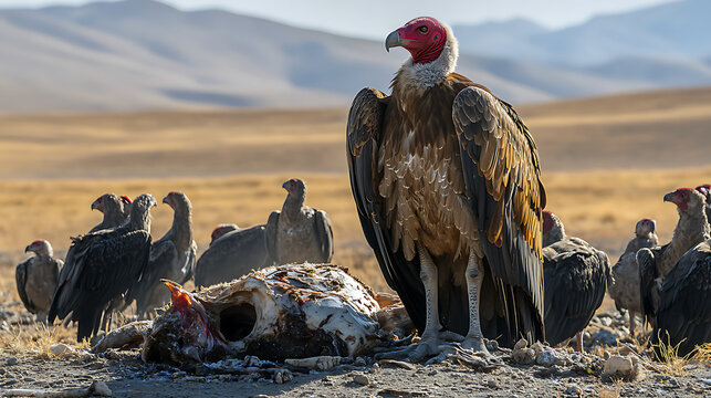 Vultures and other scavenging birds gather around a carcass on a sunlit rocky landscape, illustrating wildlife ecology, natural decomposition and food chains.