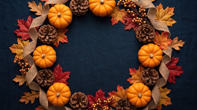 A beautiful circular wreath made of orange pumpkins and colorful autumn leaves for a festive thanksgiving holiday season celebration
