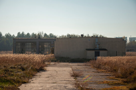 Abandoned old industrial glass greenhouse with dry dead plants and withered crops